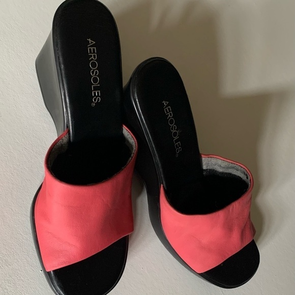 Aerosoles Wedge Sandals Summer Slides Clogs Salmon Pink Leather Heel 3 1/4” 8.5 - Picture 9 of 14